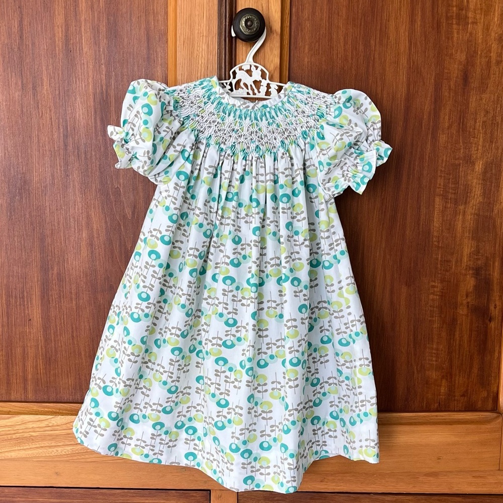 Smocked Giraffe Short-Sleeve Girls Smocked Dress Baby Girl 12M Blue Green Floral